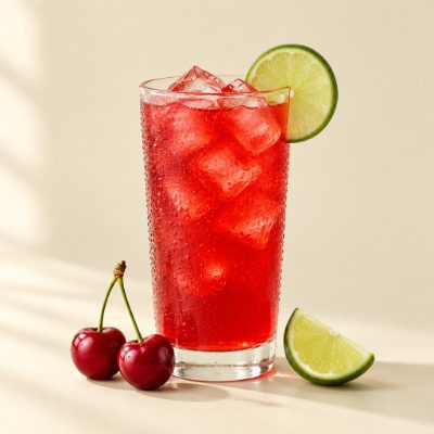 Glass of iced cherry limeade Signal drink with cherries and lime