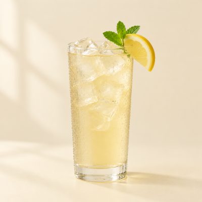 Glass of pale iced decaf lemon Unimate drink