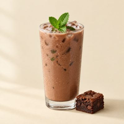 Glass of iced decaf mint chocolate brownie Unimate drink