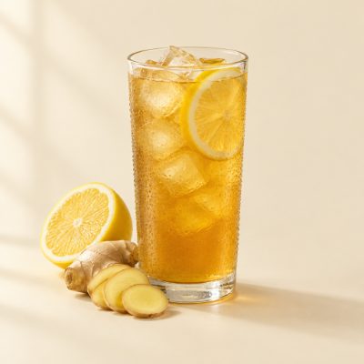 Glass of golden iced lemon ginger Unimate drink