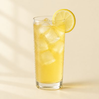 Glass of pale yellow iced lemon Unimate drink