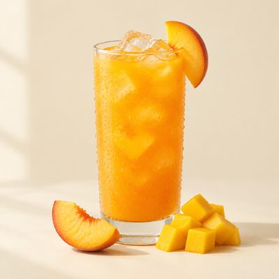 Glass of iced peach mango StrongHold drink with peach and mango pieces