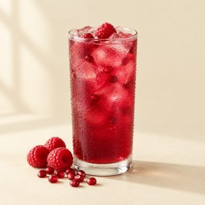 Glass of ruby-red iced raspberry pomegranate Unimate drink